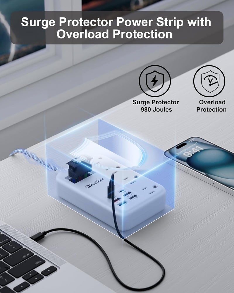Beeiker 45W USB C Surge Protector Power Strip, Travel Power Strip with 6 USB(2 USB C) Ports and 4 Outlets,5Ft Flat Plug Braided Extension Cord, PD 45W Fast Charging for MacBook Laptops iPad Pro iPhone Samsung - Image 5